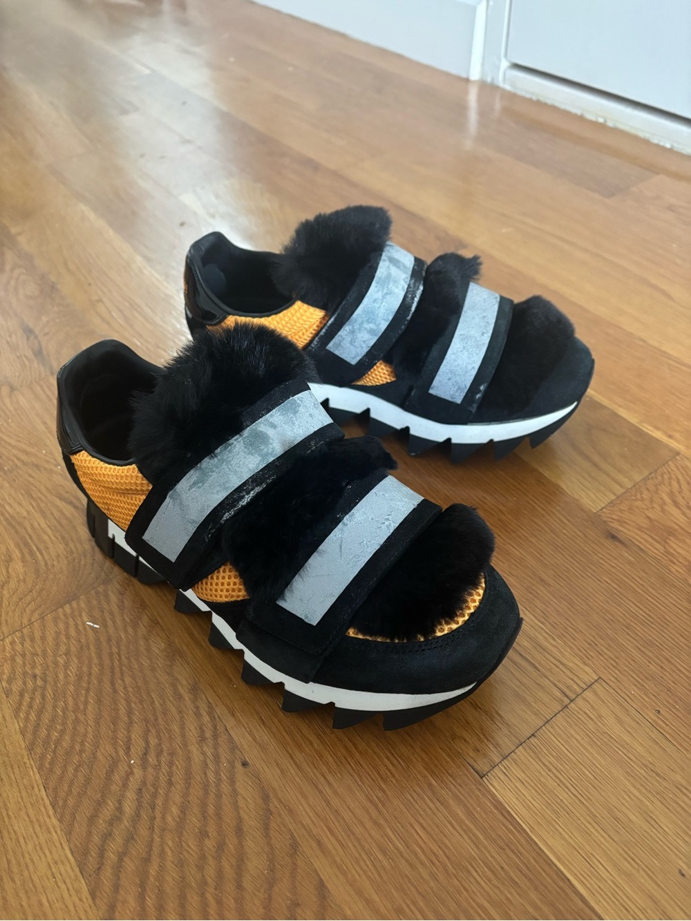 Dolce & Gabbana Black & Orange Fur Strap Sneakers Size 7 Women